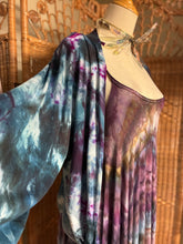 Load image into Gallery viewer, Tie dye wrap kimono|Bamboo jersey| Bell sleeves| black and blue