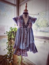 Load image into Gallery viewer, OOAK upcycled patchwork denim and flannel plaid babydoll reworked tunic size small medium