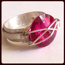 Load image into Gallery viewer, Fuchsia Swarovski Statement ring in silver - Up-cycled clothing by Andrea Durham Designs