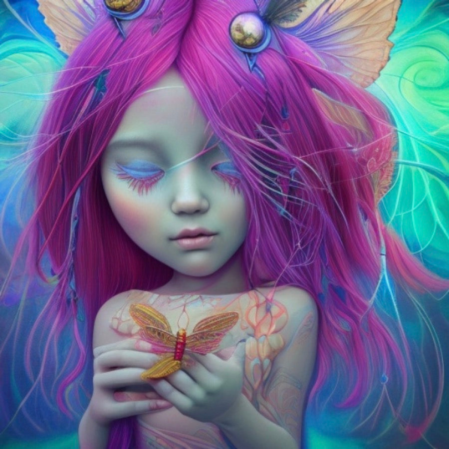 ai generated indigo fairy child looking at butterfly with wild pink and blue hair very ethereal