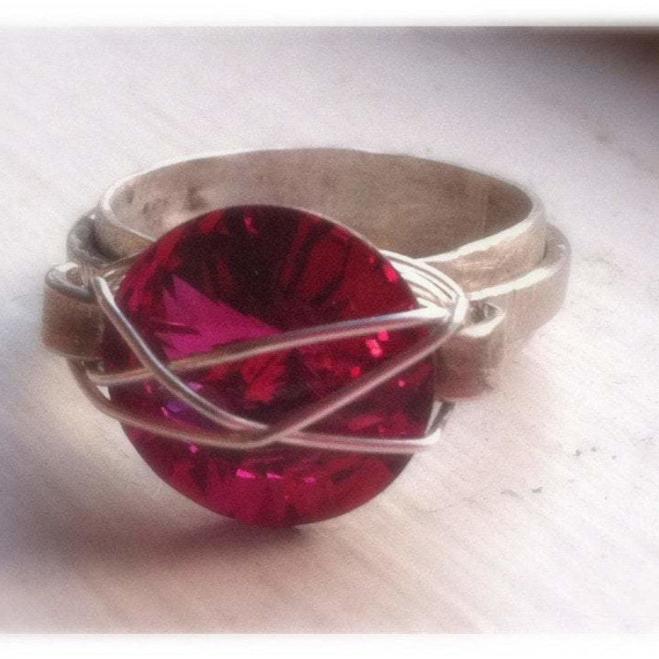 Fuchsia Swarovski Statement ring in silver - Up-cycled clothing by Andrea Durham Designs