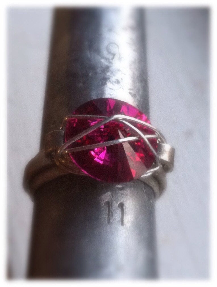 Fuchsia Swarovski Statement ring in silver - Up-cycled clothing by Andrea Durham Designs